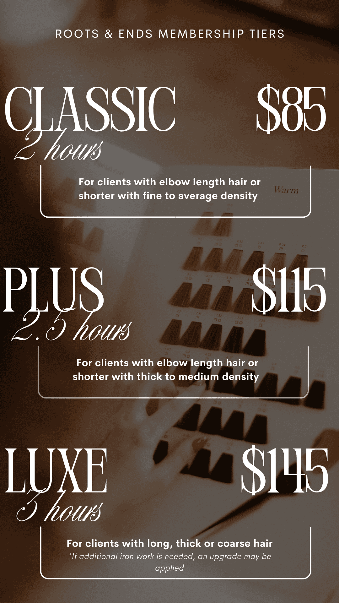 Membership tiers with pricing: Classic $85, Plus $115, Luxe $145. Hair length and density details.